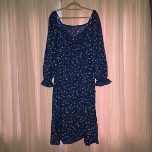 SHEIN Navy Floral Midi Dress with Puff Sleeves